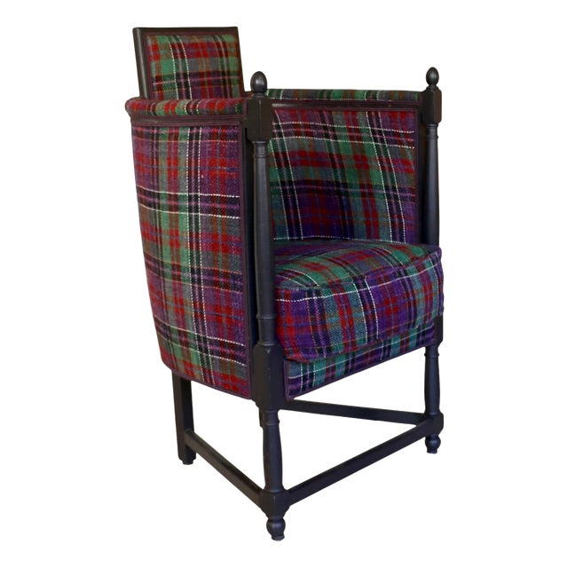 Large Antique Armchair with High Armrests in Tartan Fabric, 1890s For Sale