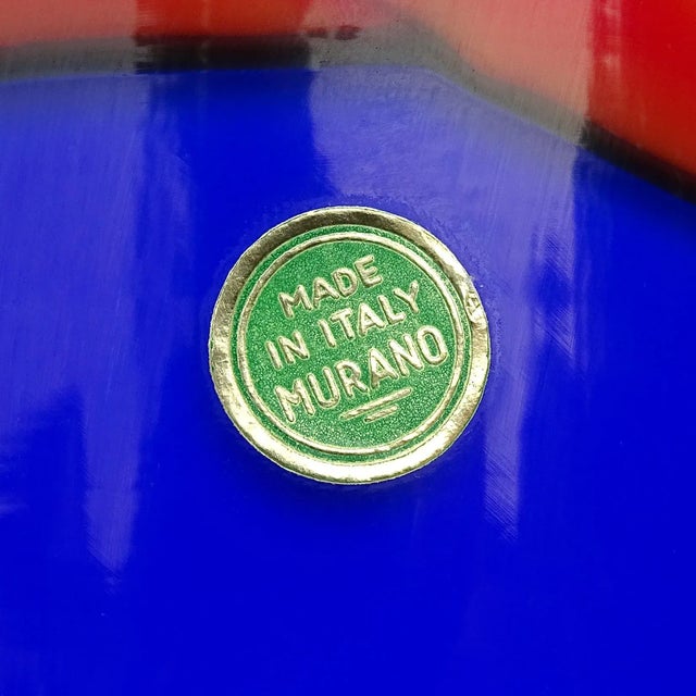 1960s Murano Vistosi Bianconi Bright Blue Red Stripe White Vintage Italian Art Glass Flower Vase With Label For Sale - Image 5 of 8