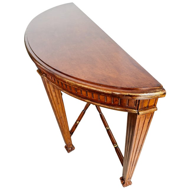 Vintage Neoclassical Fluted Demilune Console Table With Pineapple Finial Stretcher For Sale - Image 4 of 15