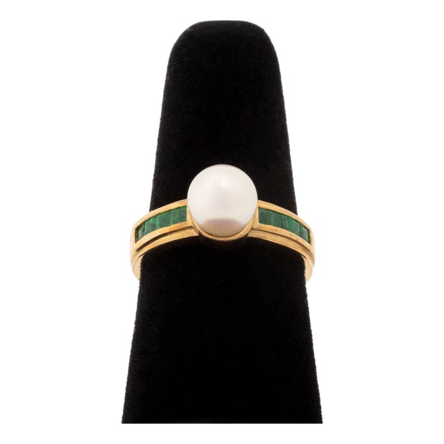 Vintage 14k Yellow Gold and Cultured Pearl Emerald Ring For Sale