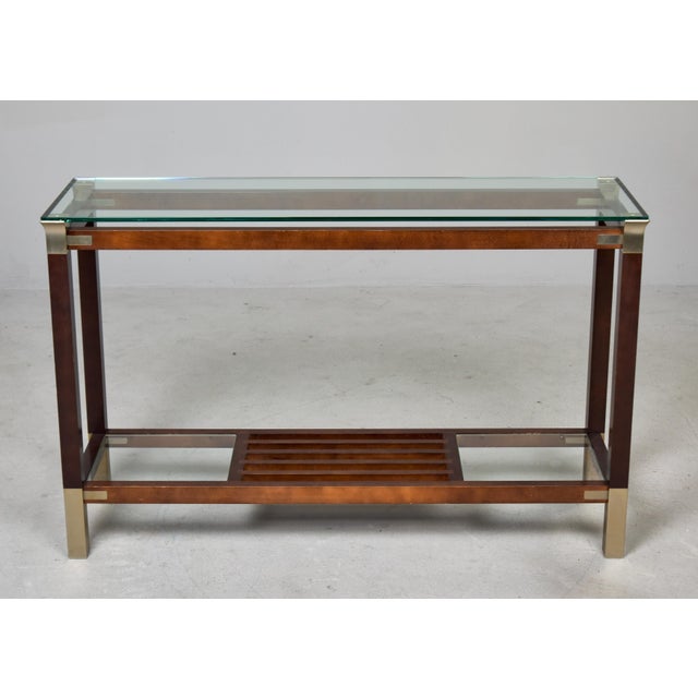 Italian Mid-Century Walnut & Brass Console Table With Glass Top For Sale In Detroit - Image 6 of 13