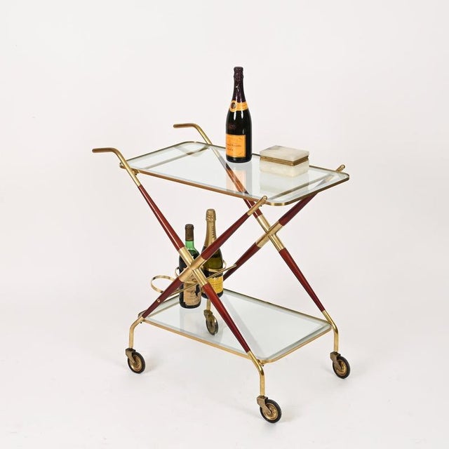 1950s Brass and Burgundy Lacquered Wood Bar Cart by Cesare Lacca, Italy, 1950s For Sale - Image 5 of 15