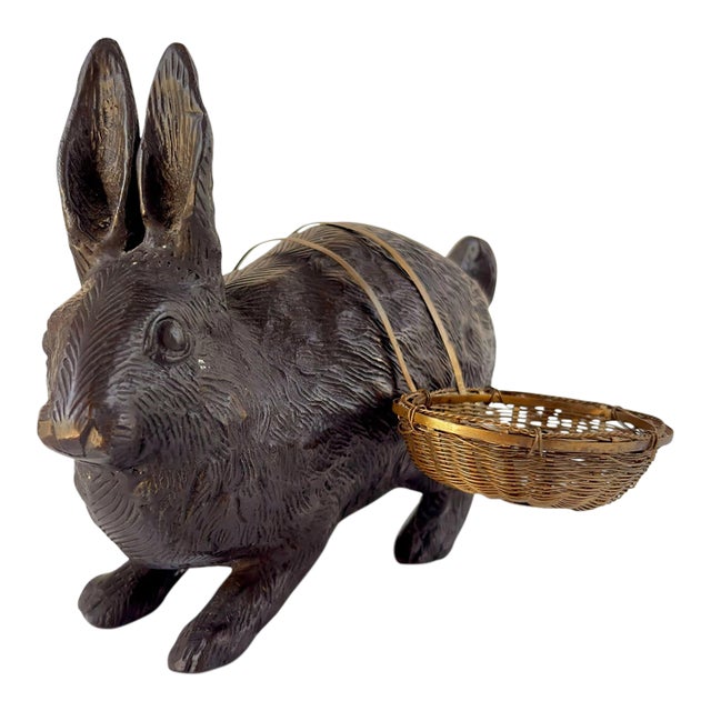Mid 20th Century Bronze Bunny Rabbit Sculpture With Woven Brass Baskets Edwardian-Style For Sale