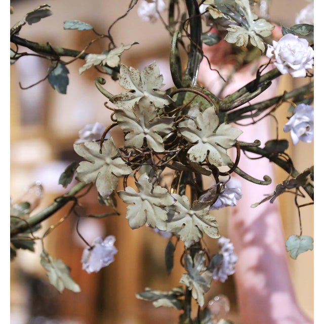 Verdigris Early 20th Century French Floral Six-Light Metal Chandelier With Porcelain Bird For Sale - Image 8 of 8