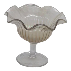 Iridescent Clear Glass Ribbed Ruffled Rim Pedestal Compote Candy Dish