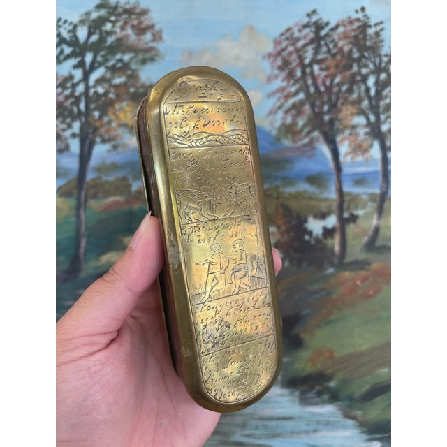 Copper 18th Century Likely Dutch Brass and Copper Toned Snuff or Tobacco Box With Engraved Figural Scenes and Script. For Sale - Image 8 of 8