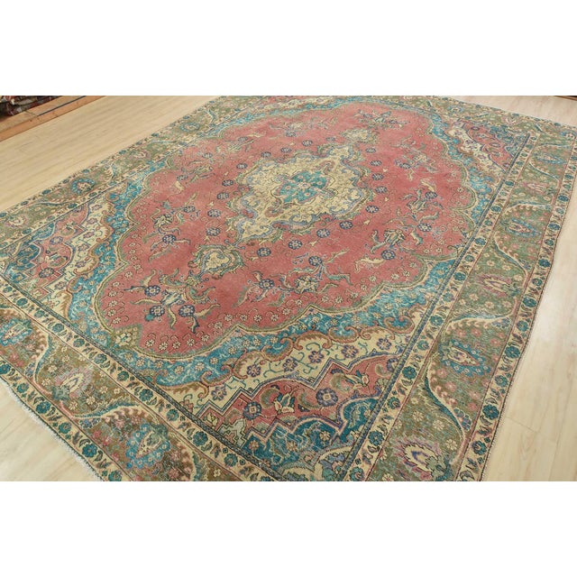 Farmhouse Tabriz Rug 9’8” X 12’6” Pink Wool Vintage Distressed Hand-Knotted Carpet For Sale - Image 3 of 15
