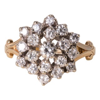 Vintage 14k Two Tone Gold 1 Carat Diamond Cluster Cocktail Ring, Size 8 For Sale