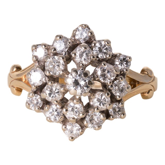Vintage 14k Two Tone Gold 1 Carat Diamond Cluster Cocktail Ring, Size 8 For Sale