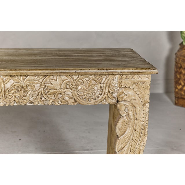 Mughal Style Painted Console Table with Foliage Carved Apron and Legs For Sale - Image 4 of 12