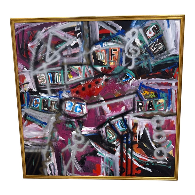 Vintage Abstract Graffiti Style Street Life Abstract Painting by Listed Artist Cecilia Mayr “Sneakers & Makeup" Framed For Sale