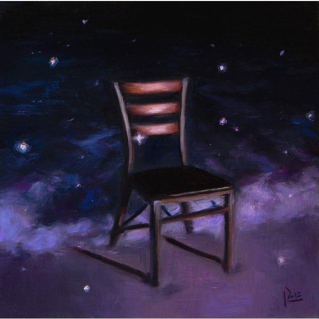 Accept by Tiffany Dae | Oil on Panel Painting of a solitary chair in a dark space For Sale