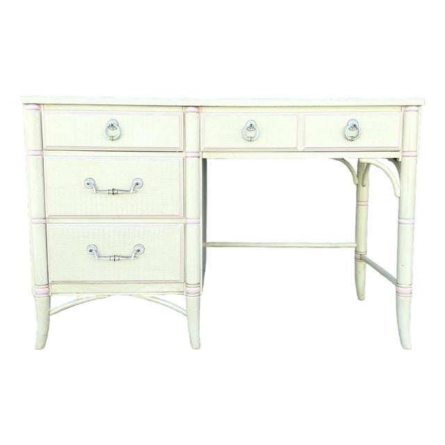 Vintage Coastal Faux Bamboo Cream and Pink Desk by Thomasville For Sale
