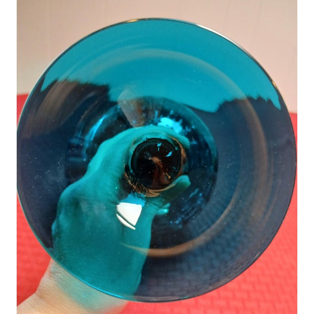 Blue 20thC. MCM Empoli Turquoise Optic Ribbed Glass Apothecary Jar, With Pedestal Base and Circus Tent Lid For Sale - Image 8 of 8