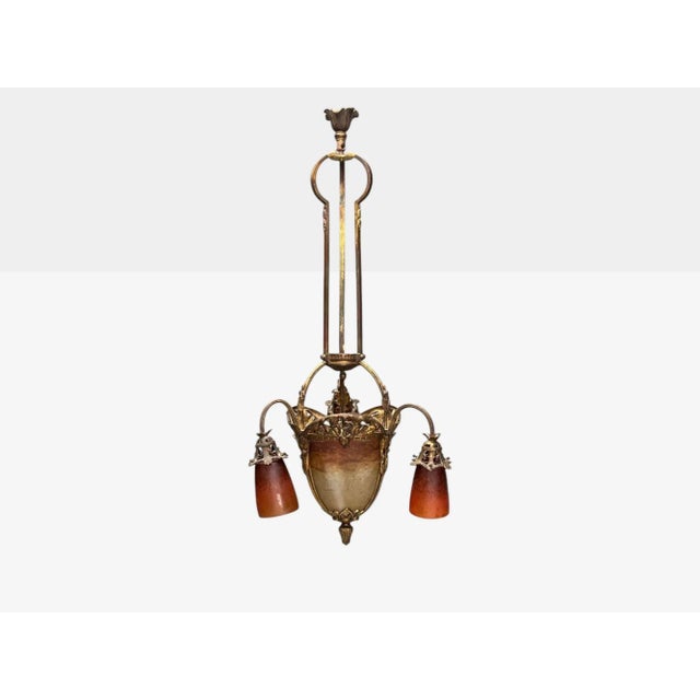 Art Deco Muller Frères, French Art Deco, Bronze, Glass, Chandelier, France, 1920s For Sale - Image 3 of 10