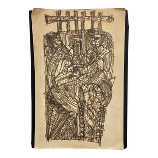 Vintage Abstract Figurative Ink Drawing on Paper, Signed Modernist Expressionist Artwork. For Sale