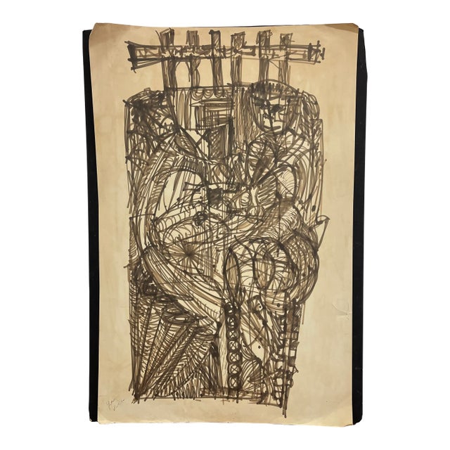 Vintage Abstract Figurative Ink Drawing on Paper, Signed Modernist Expressionist Artwork. For Sale