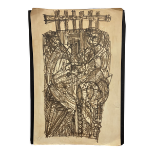 Vintage Abstract Figurative Ink Drawing on Paper, Signed Modernist Expressionist Artwork.
