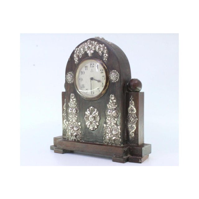 Metal Regulator Clock in Wood with Silver Applications For Sale - Image 7 of 8