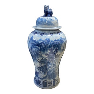 Vintage Mansion Size Chinoiserie Porcelain Landscape Ginger Jar 47" H For Sale