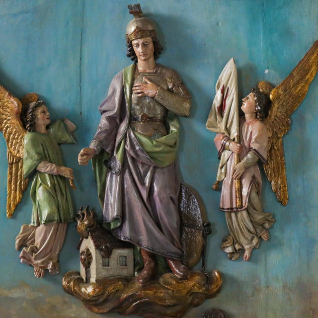 Large 19th Century Saint Florian Carved Relief Plaque in Gilt Arched Frame For Sale In Las Vegas - Image 6 of 14