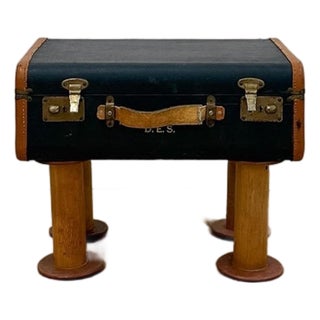 Vintage Leather Walking Suitcase Side Table With Legs Eclectic Accent, Rare For Sale