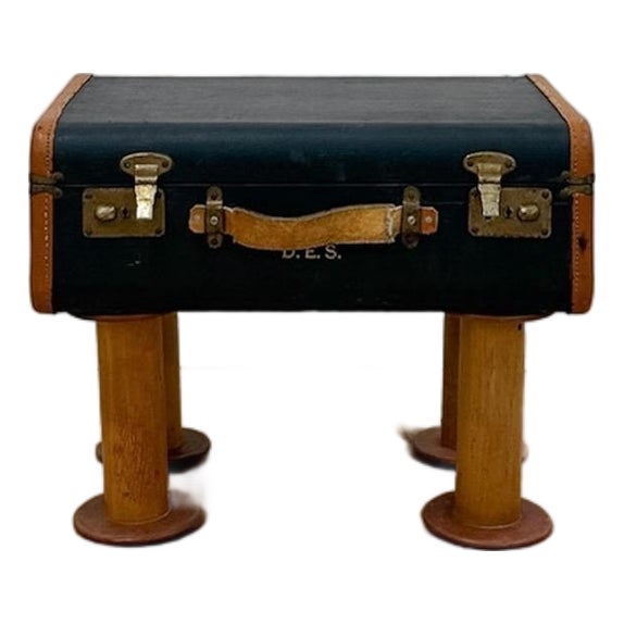 Vintage Leather Walking Suitcase Side Table With Legs Eclectic Accent, Rare For Sale