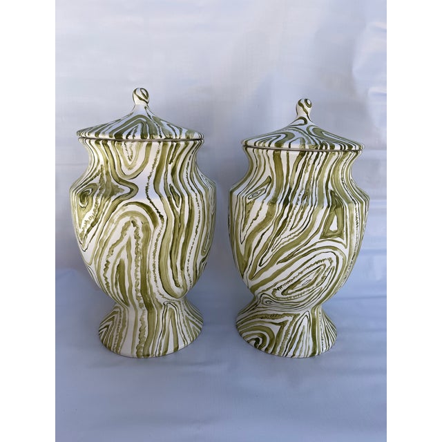 Rustic Hand Painted Faux Boix Jars a Pair For Sale - Image 3 of 10