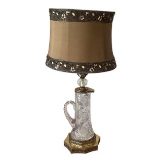 Vintage Neoclassical Style Waterford Brilliant Cut Pitcher Vase Table Lamp With Beaded and Sequined Brown Shade For Sale
