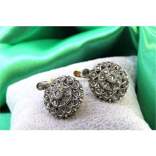 Metal Circular Gold and Silver Earrings with Diamond Chips, Set of 2 For Sale - Image 7 of 7