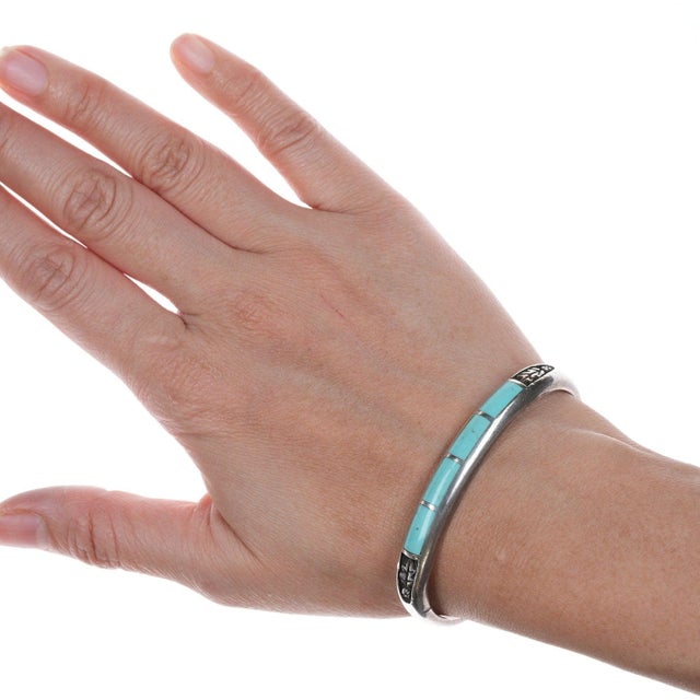 6.25" Vintage Zuni silver and turquoise channel inlay bracelet For Sale - Image 9 of 10