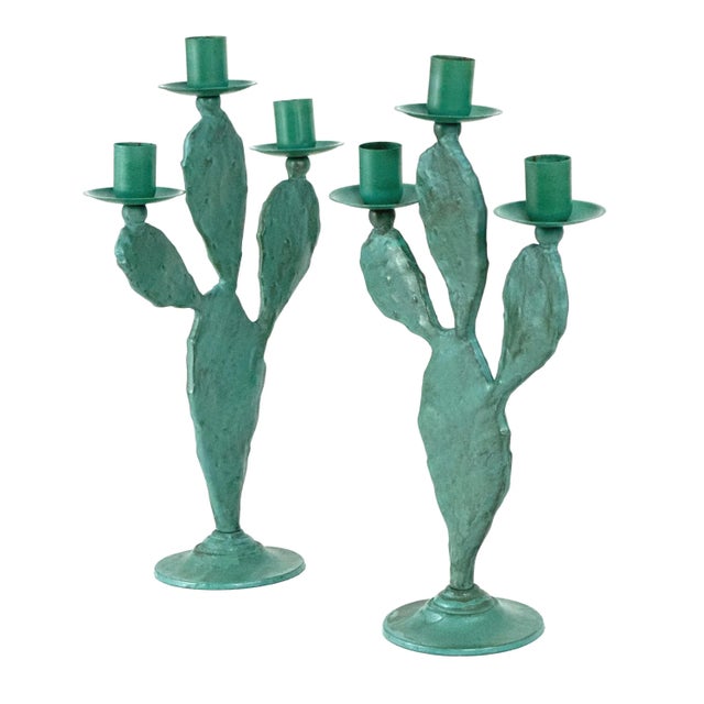Vintage 1990s Pair of (2) Turquoise Prickly Pear Cactus Candelabras Metal Candle Stick Holders For Sale - Image 4 of 17