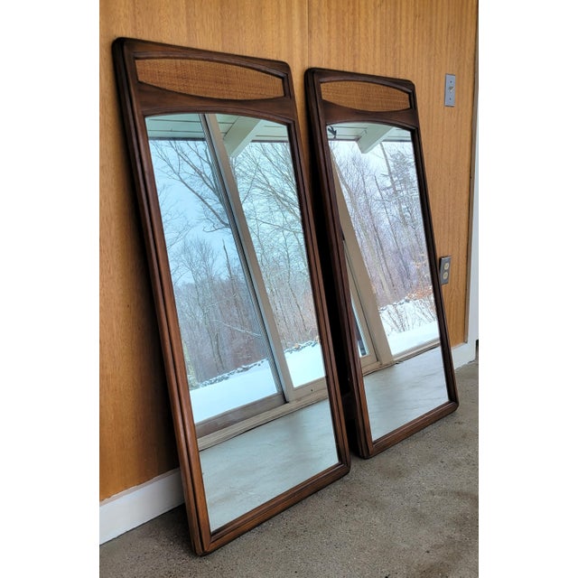 Lane Furniture Pair of Walnut and Rattan Wall Mirrors by Lane Rhythm Collection For Sale - Image 4 of 11