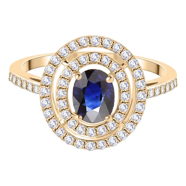 14k Gold Blue Sapphire Halo Diamond Ring Size 5.5 For Sale