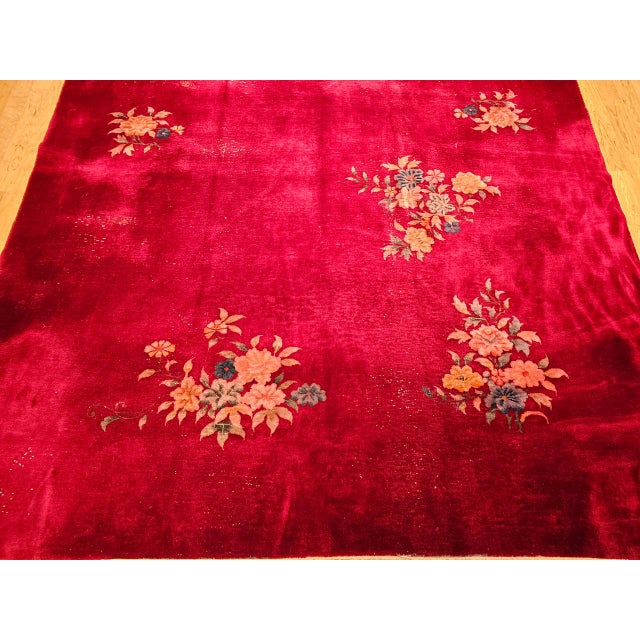 Antique Chinese Art Deco Rug, Hand-Knotted Wool, Crimson Floral Design, 10x14 For Sale - Image 17 of 18
