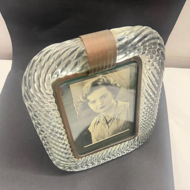 1930s Barovier Attributed Art Deco Clear Murano Glass and Brass Picture Frame For Sale - Image 11 of 13