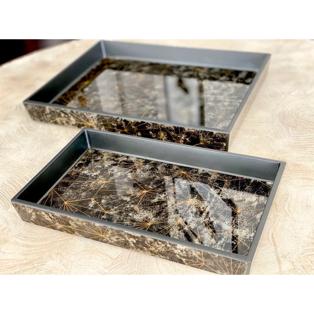 Pigeon & Poodle Solara Optic Painted Mirror Black Nesting Trays - A Pair For Sale In Los Angeles - Image 6 of 7