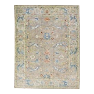 Modern Sultanabad Brown Handmade Oversize Wool Rug With Allover Design For Sale