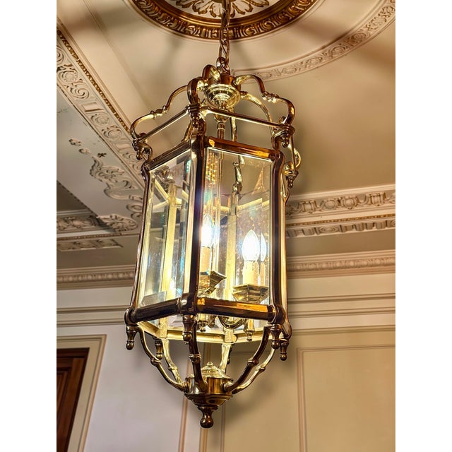 Monumental brass lantern lamp with beveled glass Origin: Museumplein townhouse, Amsterdam This impressive and heavy-duty...
