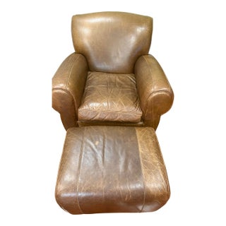 Mitchell Gold 1930s Style Leather Manhattan Club Chair and Ottoman For Sale
