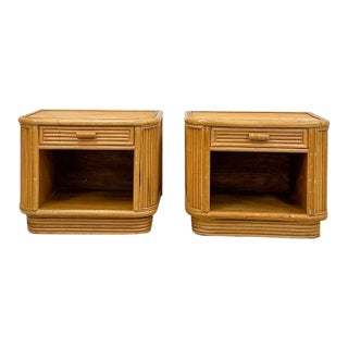 Mid 20th Century Pair of Blonde Ribbed Pencil Reed Rattan Nightstands Coastal Hollywood Regency For Sale