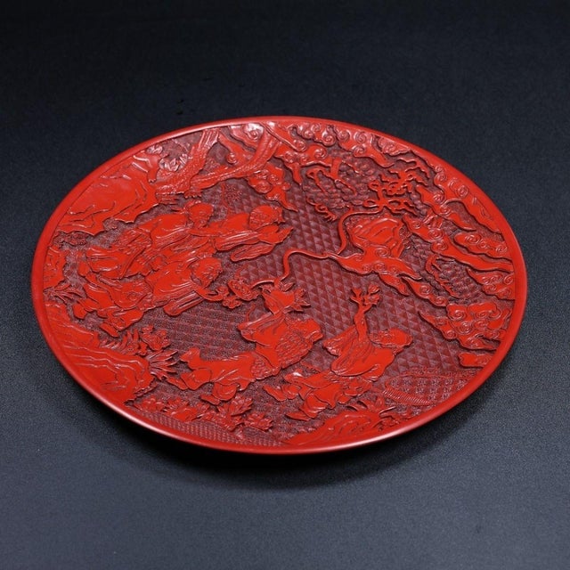Late 20th Century Late 20th Century Carved Cinnabar Lacquer Charger With Scholars and Pine Tree Scene For Sale - Image 5 of 9