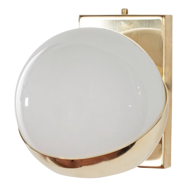 Space Age White Murano Glass Sphere and Brass Frame Wall Sconce, Italy, 1990s For Sale