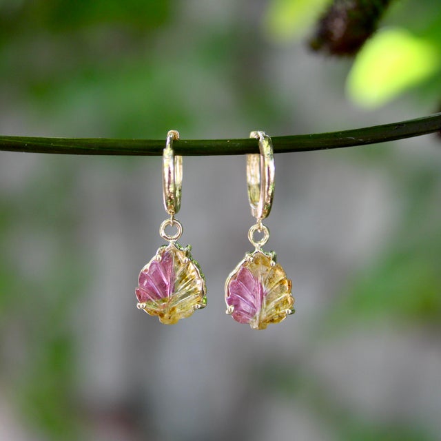 Gold 14k Gold Hand-Carved Watermelon Tourmaline Leaf Huggie Earrings, A Pair For Sale - Image 8 of 8