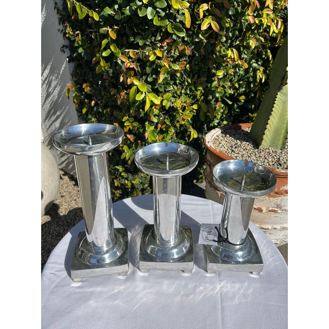 Set of Three Vintage Pewter Silver Candle Holders For Sale - Image 12 of 12