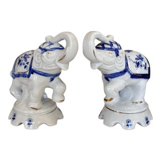 Vintage Blue and White Auspicious Porcelain Elephants - A Pair For Sale