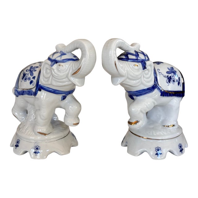Vintage Blue and White Auspicious Porcelain Elephants - A Pair For Sale