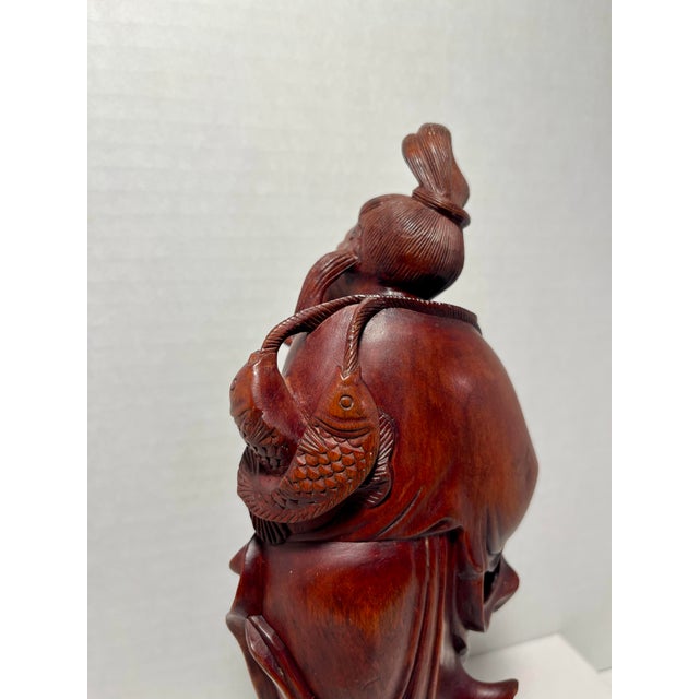 1920s Antique Chinese Wood Carving Old Man With Carps Sculpture For Sale - Image 5 of 9