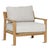 Outdoor teak wood frame arm chair with light taupe/grey upholstered cushions. Fabric is 100% olefin. Faux wicker wrapped...