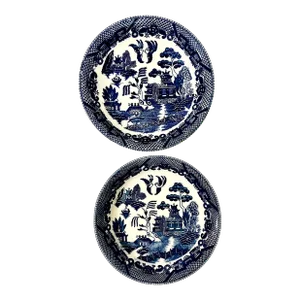 Antique Cobalt Blue Willow Chinoiserie Soup Salad Bowls - a Pair